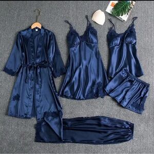 Elegant Navy Blue Satin Sleepwear Set